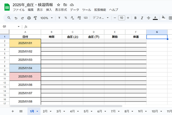 完成した血圧・検温用スプレッドシート